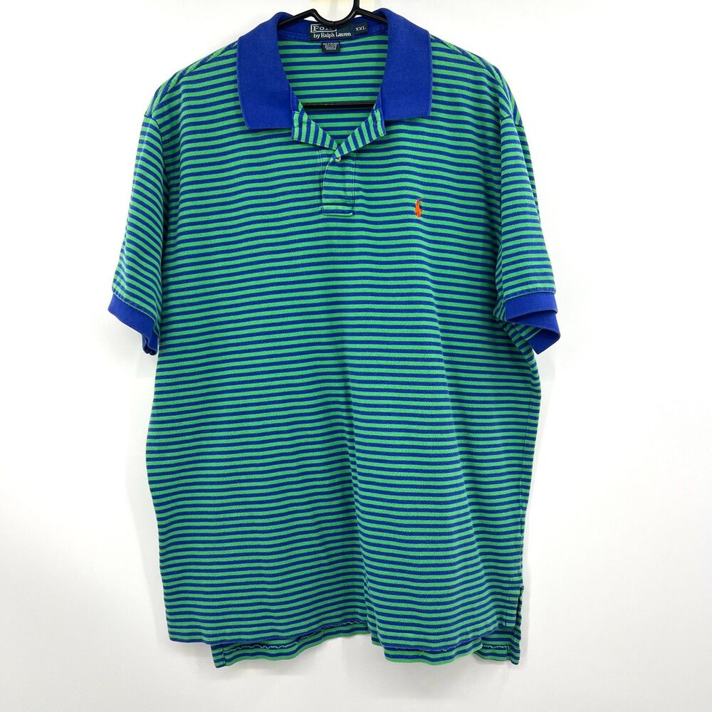 Polo Ralph Lauren Mens XXL Striped Polo Shirt Green Blue Pique Orange Pony